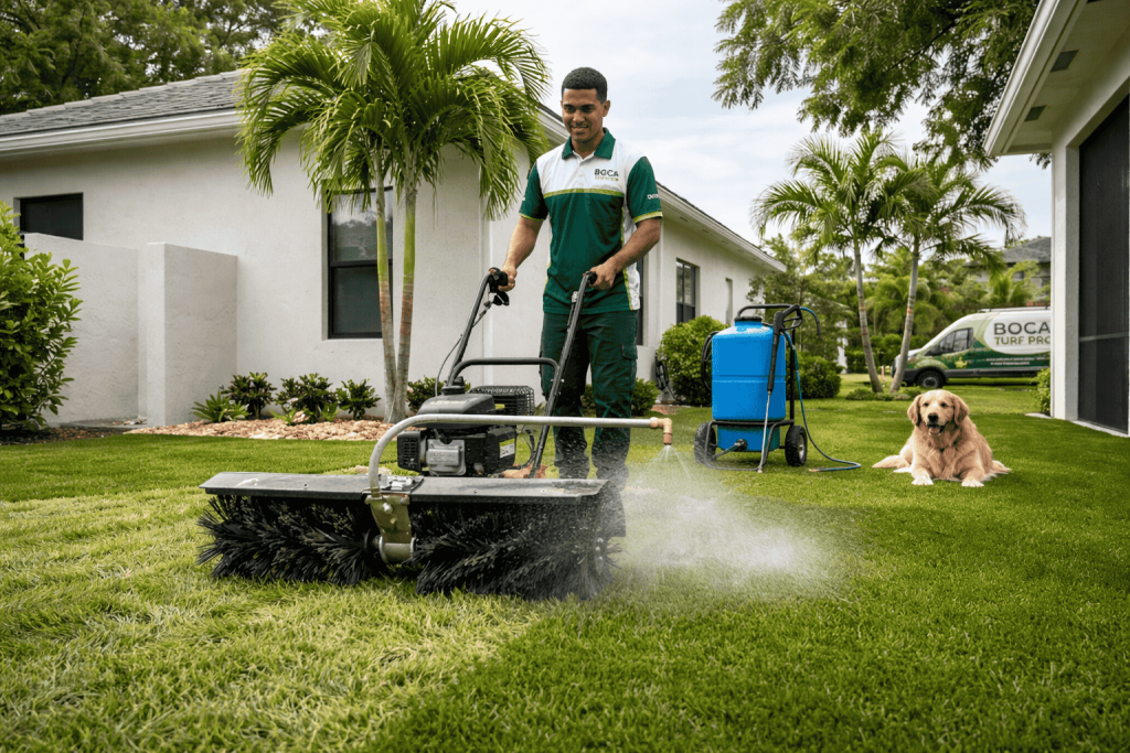 A Boca Turf Pro crew member using a power brush to deep clean and remove pet odors from a residential artificial lawn in Boca Raton.