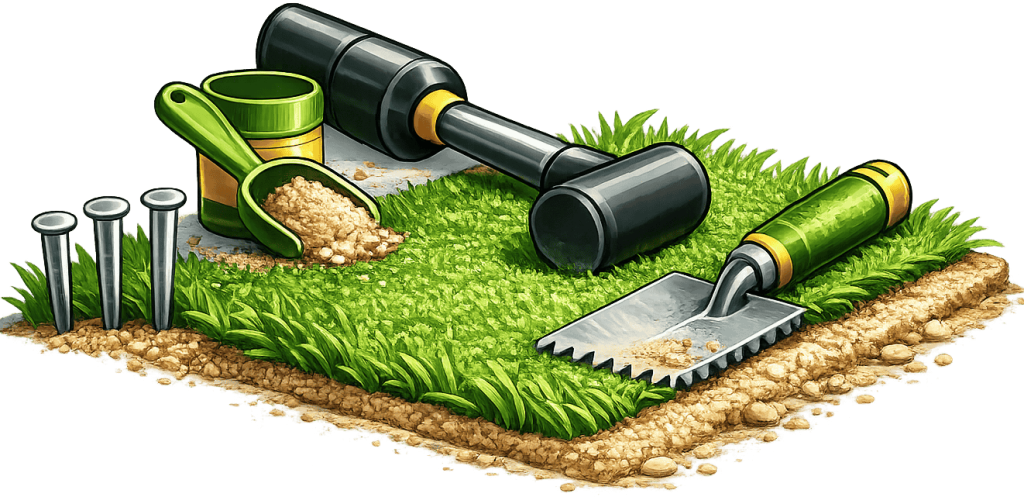 Graphic of a power showel and spikes used for the final securing and uprighting of synthetic grass blades.