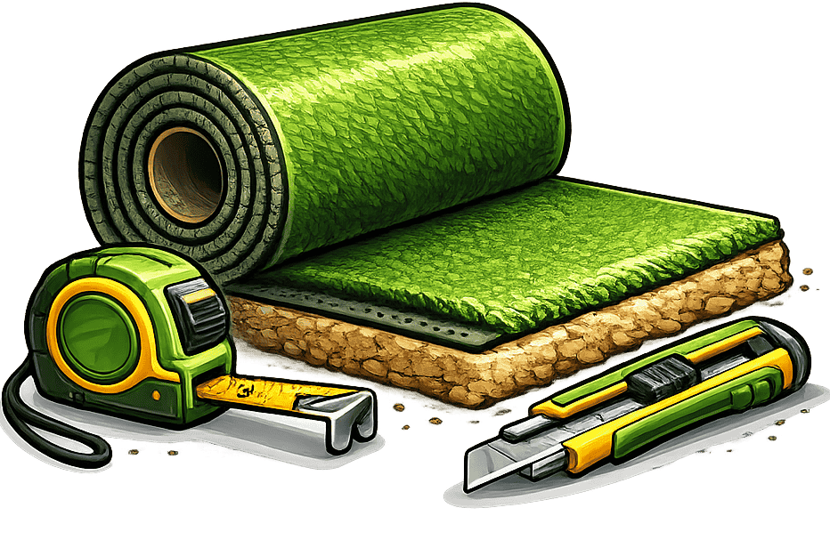 Icon showing a roll of artificial grass being custom-cut to fit the specific dimensions of a yard.