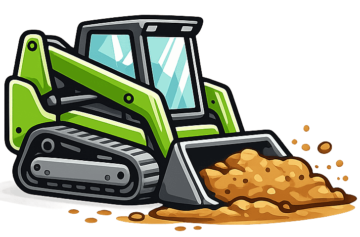 Illustration of a skid steer loader removing old grass to prepare the ground for turf installation.