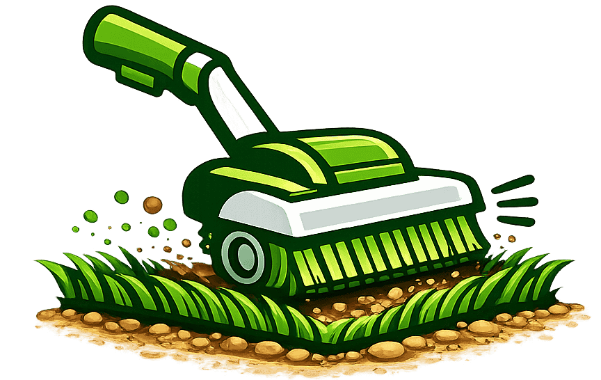 Graphic of a power brush and spikes used for the final securing and uprighting of synthetic grass blades.