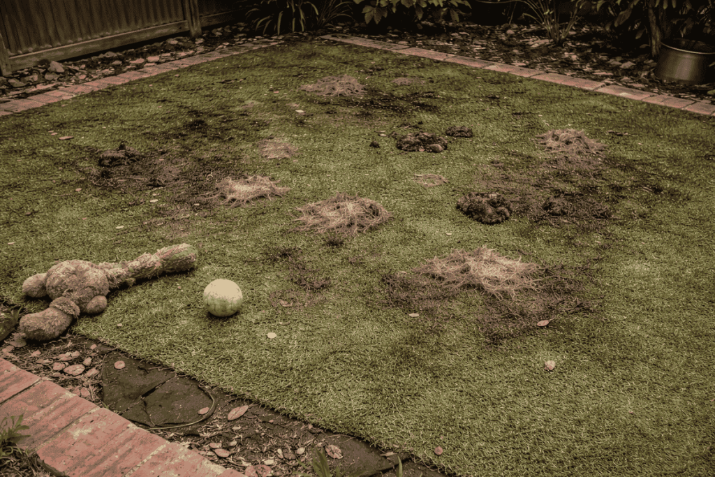 A patchy, dirt-filled residential lawn in South Florida before upgrading to durable pet turf.