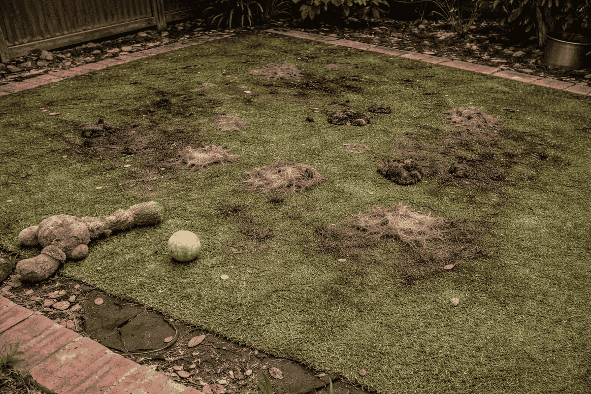 A patchy, dirt-filled residential lawn in South Florida before upgrading to durable pet turf.