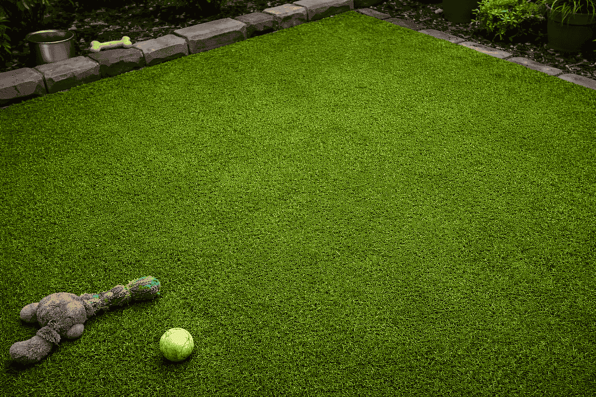 Lush and durable synthetic grass installed in a backyard, providing a safe, odor-resistant play area for dogs.