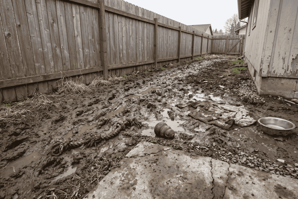A heavily rutted and muddy side yard area severely damaged by active dogs.