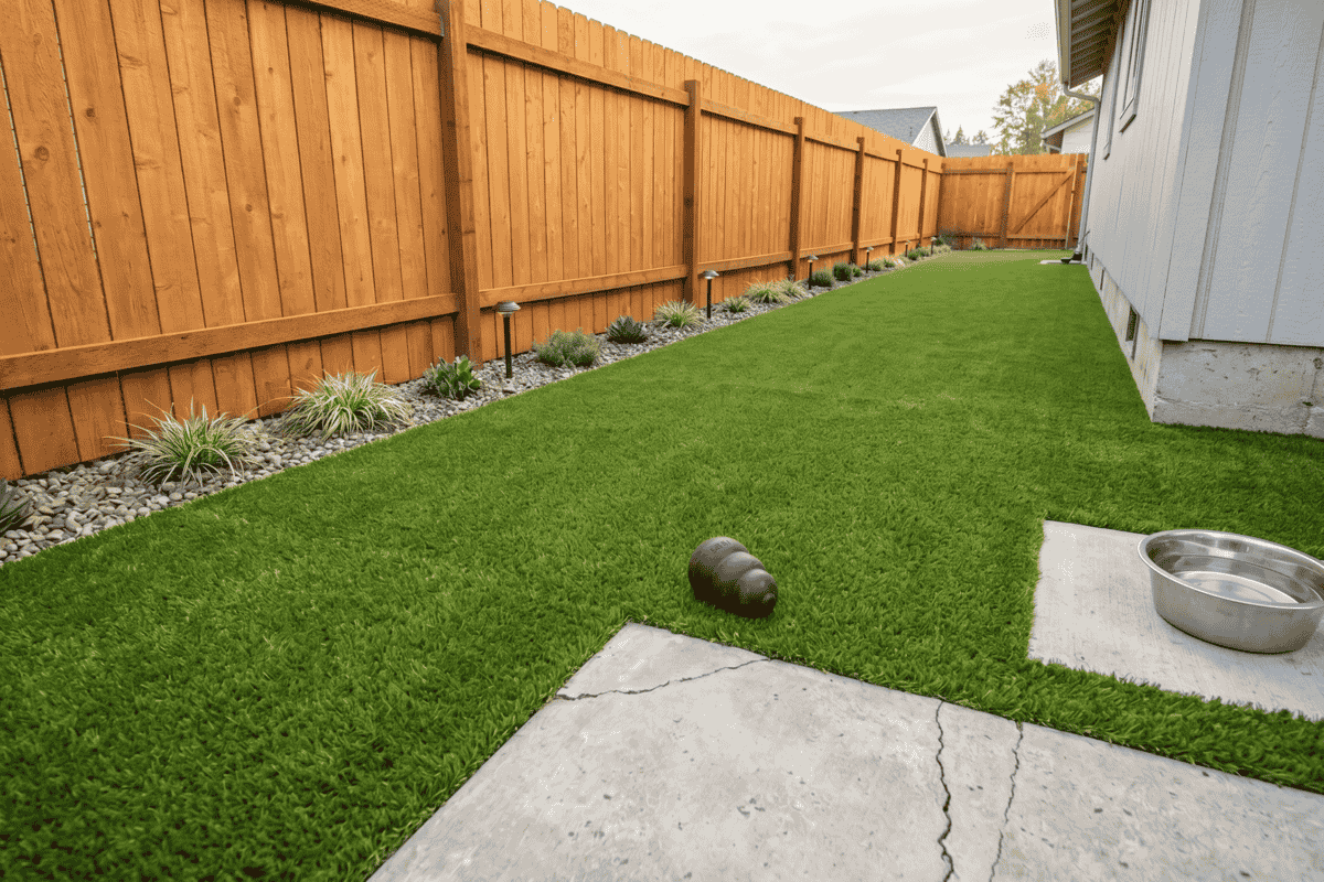 A clean, low-maintenance side yard upgraded with premium pet-safe artificial grass in Boca Raton.