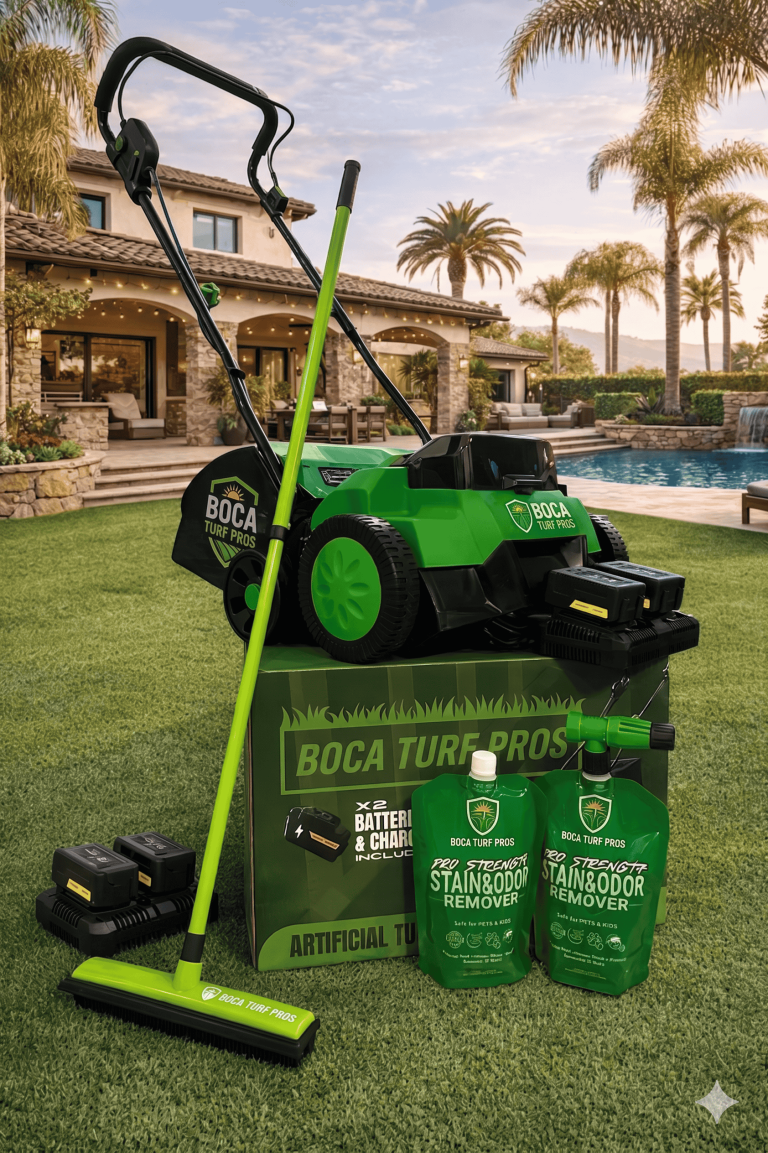 Boca Turf Pros branded power brush and pro-strength pet stain and odor remover used for deep cleaning synthetic grass and eliminating urine crystals.