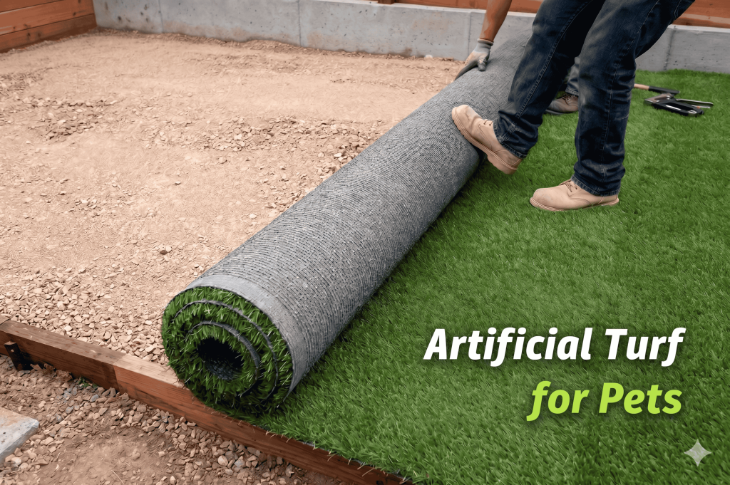 A professional installer rolling out high-quality, mud-free artificial turf for pets over a prepared base in a Boca Raton residential backyard.