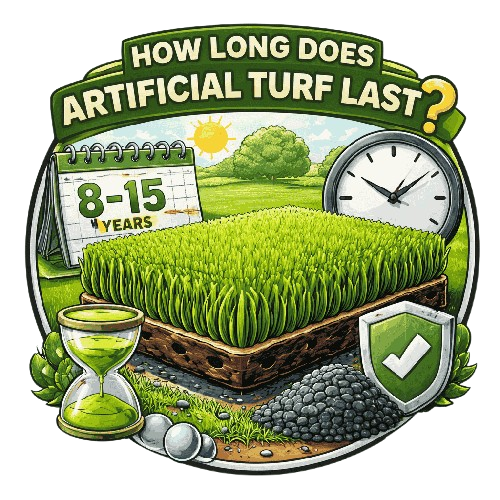 Graphic showing the 15 to 25 year durability and longevity of professional artificial turf installations.