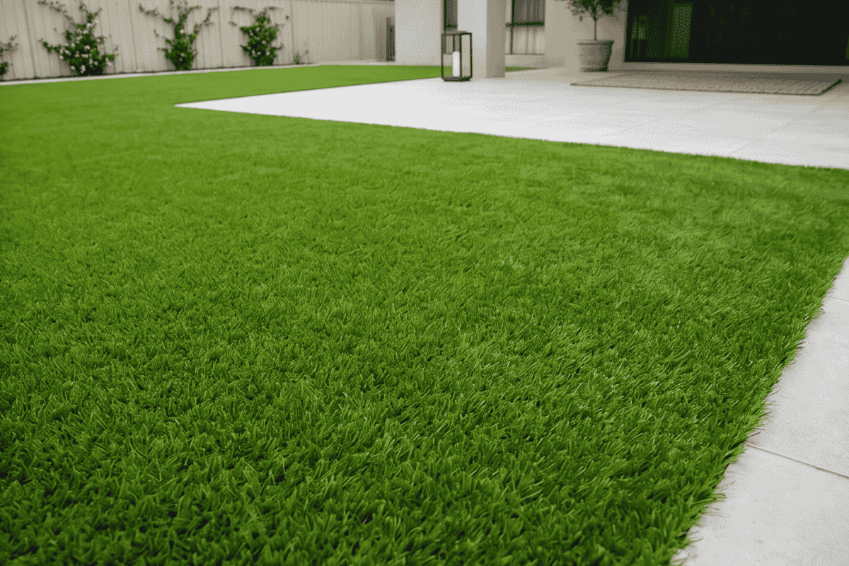 Restored residential artificial grass looking vibrant and clean next to a concrete patio.