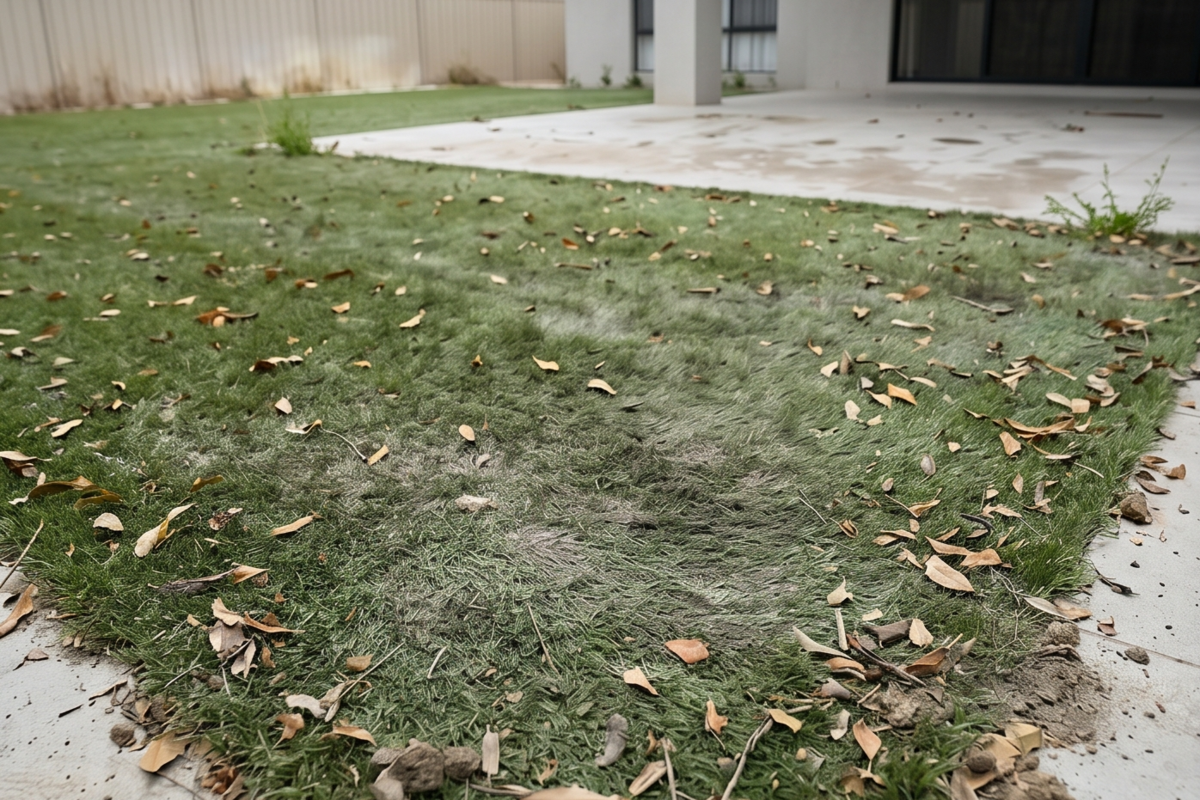 Unmaintained artificial turf lawn covered in fallen leaves and organic debris in Boca Raton.