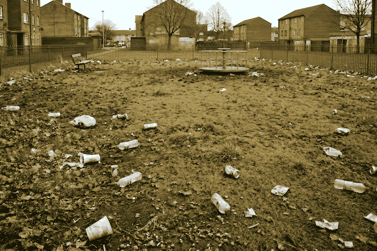 Neglected outdoor space covered in dirt and debris before professional artificial turf cleaning and repair services.