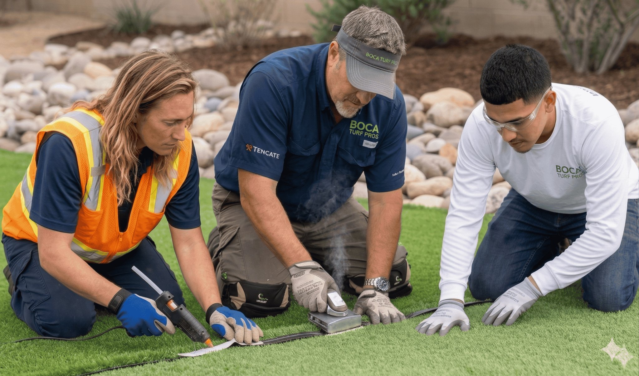 The local Boca Turf Pro crew expertly securing the seams of a kid-safe, residential artificial lawn during a South Florida installation.