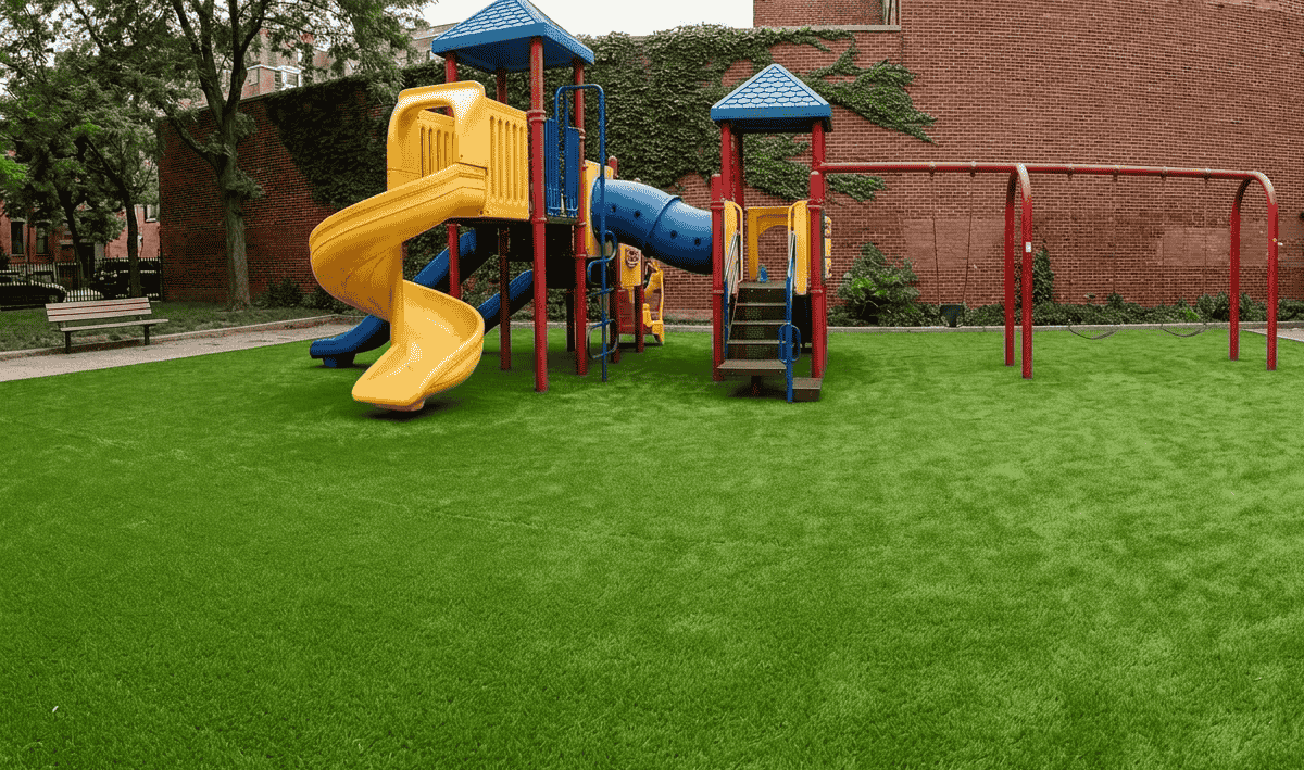 A playground surface transformation showing the replacement of rough ground with safe artificial grass.