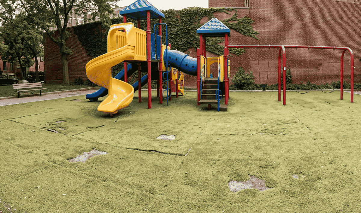 A playground surface transformation showing the replacement of rough ground with safe artificial grass.