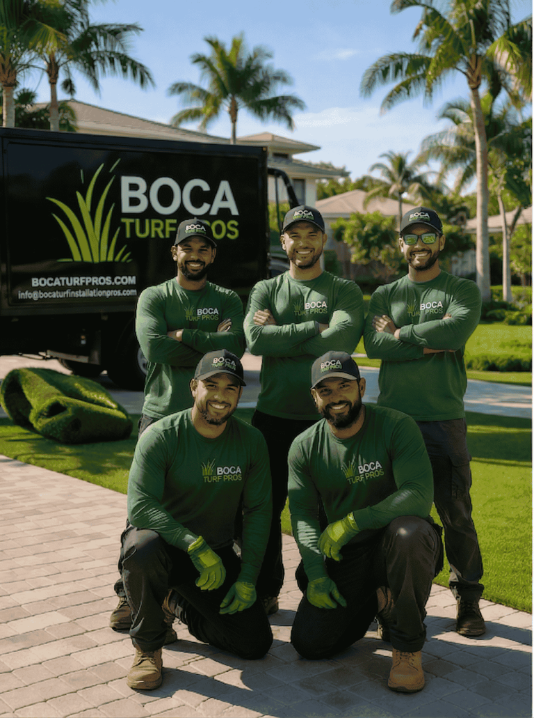 The professional Boca Turf Pro installation crew smiling in front of their work truck on a newly installed artificial grass lawn in South Florida.