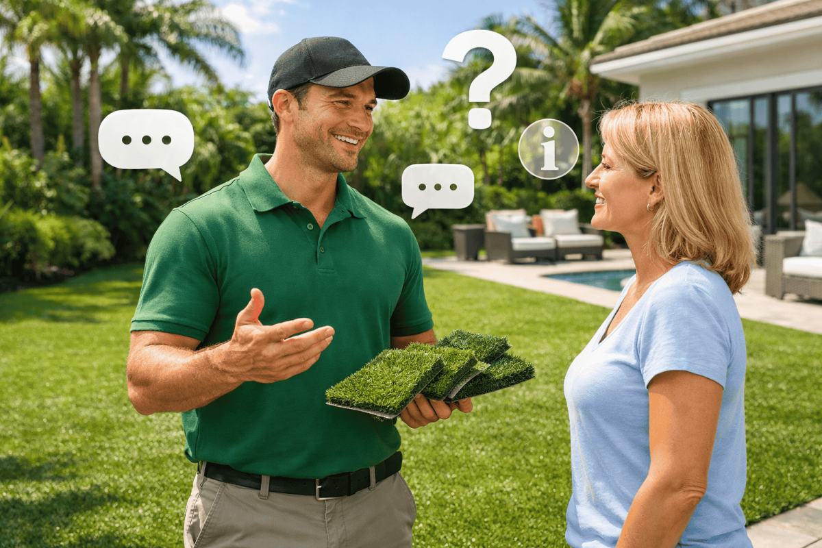 A turf installer showing high-quality, pet-friendly artificial grass samples to a homeowner during a backyard consultation.