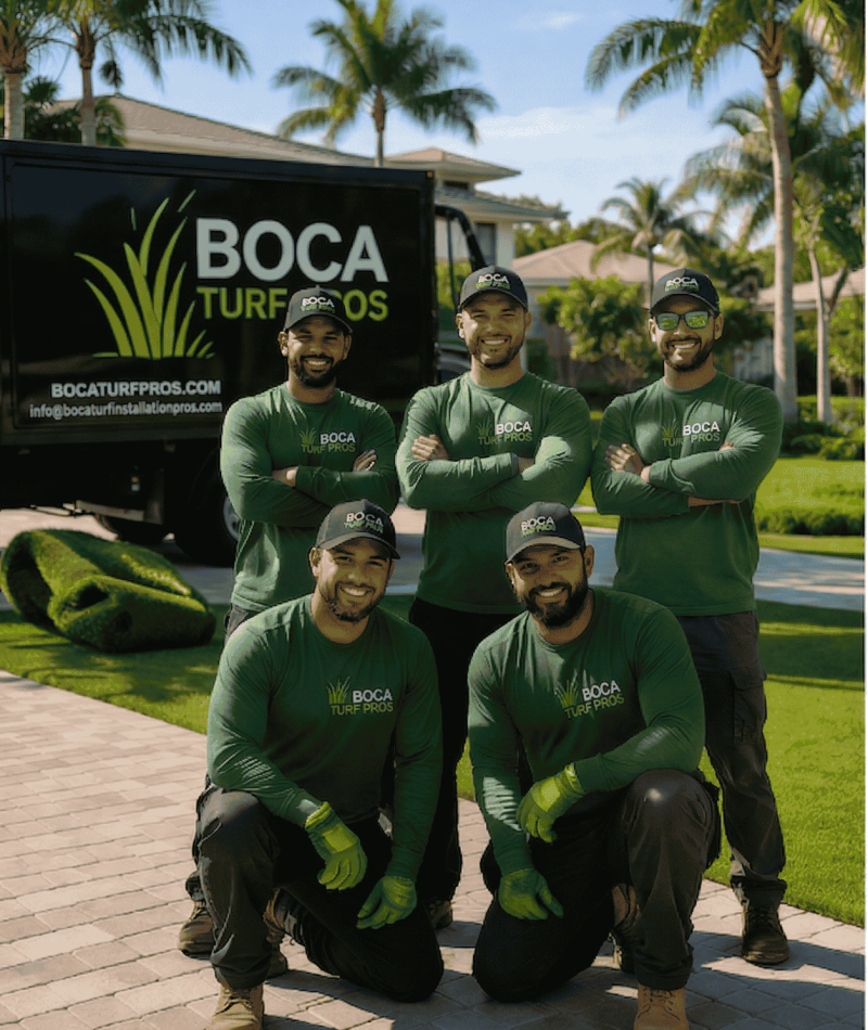 The professional Boca Turf Pro installation crew smiling in front of their work truck on a newly installed artificial grass lawn in South Florida.