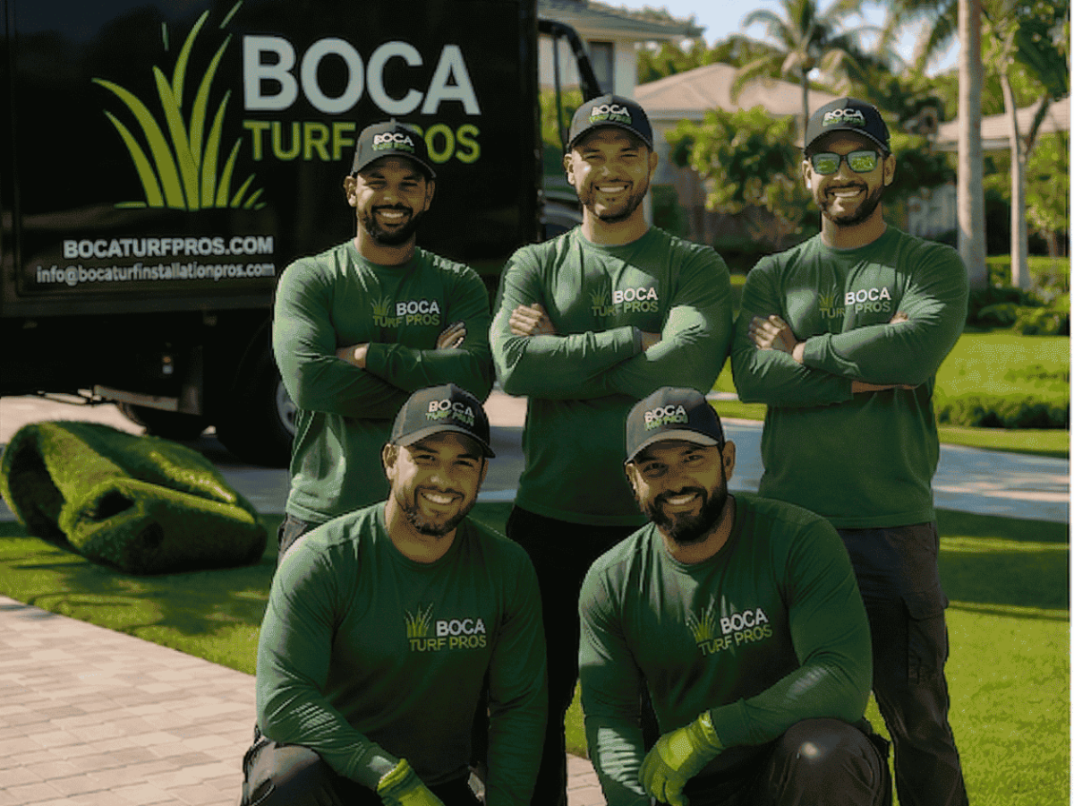 The professional Boca Turf Pro installation crew smiling in front of their work truck on a newly installed artificial grass lawn in South Florida.